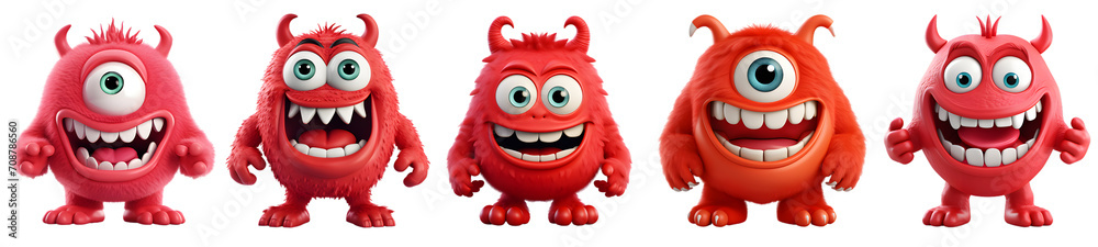 Cute red monsters collection, cartoon style. On Transparent background
