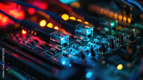 Close-up of a motherboard with illuminated components