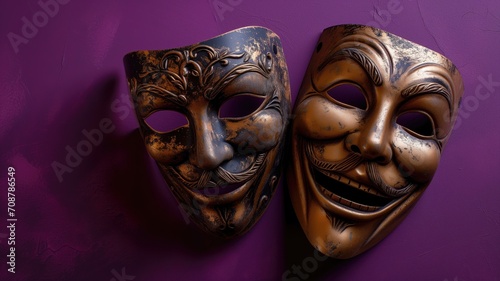 Weathered comedy and tragedy masks on a dark background