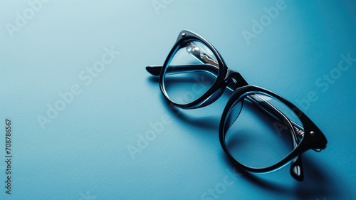 Black reading glasses on a blue background with soft shadows