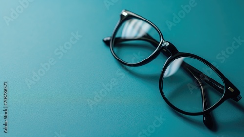 Modern glasses on a solid blue background with reflection