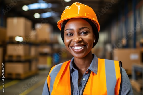 Portrait of a smiling African female warehouse worker wearing a hard hat and safety vest