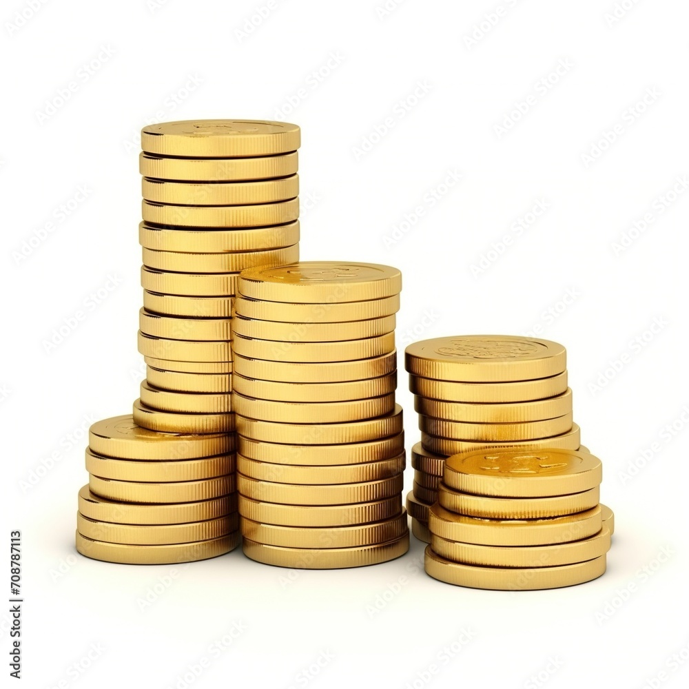 Three stacks of gold coins of different heights on a white background, Three stacks of gold coins of different heights on a white background,