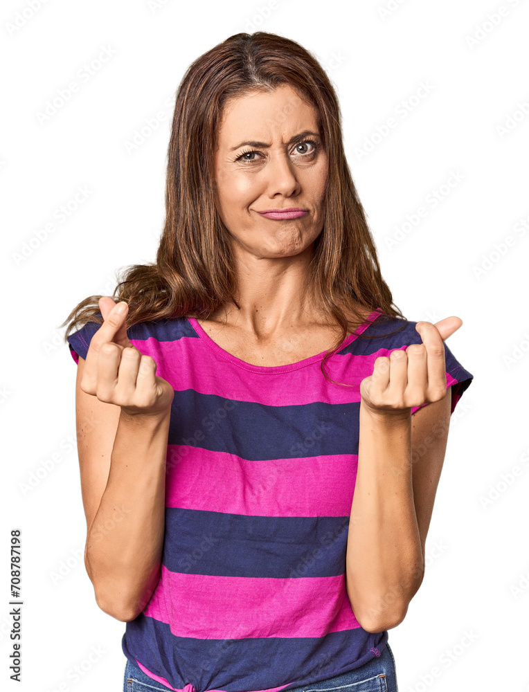 Middle-aged woman portrait in studio setting showing that she has no money. Middle-aged woman portrait in studio setting showing that she has no money.