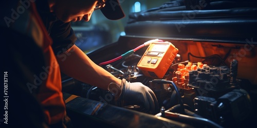 gloved auto mechanic fixing car engine photo