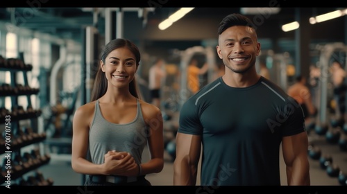smiling woman an man with dumbbell - successful fitness studio concept. smiling woman an man with dumbbell photo