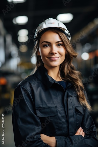 Portrait of a female engineer wearing a hard hat in a factory