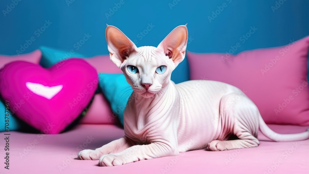 Gray hairless Sphynx cat on the sofa with a pink heart. Valentine's Day. Holiday