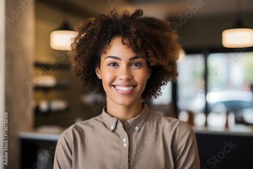 young african american woman looking at camera smiling, half body 