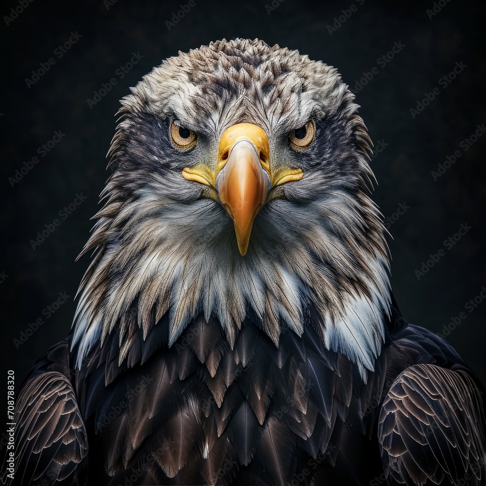 Obraz premium A close up of a bald eagle on a black background, bold and striking.