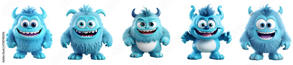 Cute 3d monsters collection, cartoon style. On Transparent background