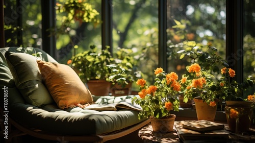 A comfortable green couch sits in a sunroom filled with potted plants and flowers. photo