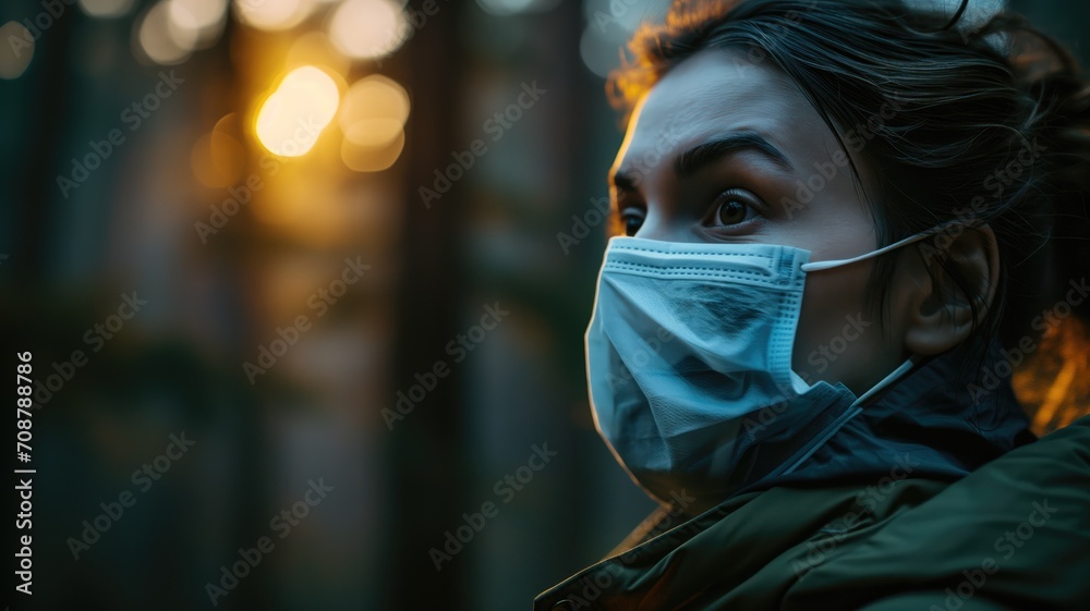 Person in a blue surgical mask during twilight