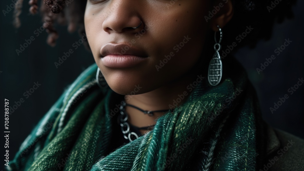 Close-up of a woman with silver jewelry and green scarf