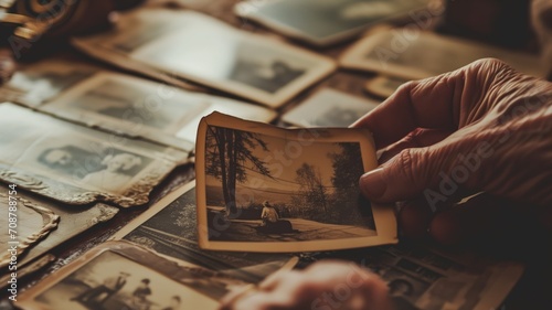 Aged hands holding a sepia-toned photo amongst a collection of old pictures photo