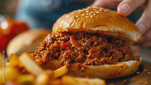 Close-up of a sloppy joe sandwich with a side of fries photo
