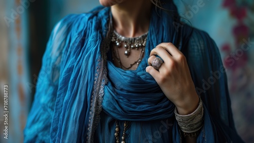 Person clutching a blue scarf with silver and turquoise jewelry