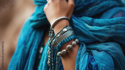 Close-up of a wrist adorned with turquoise and silver jewelry photo