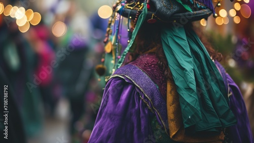 Back view of a person in a Mardi Gras costume with intricate details photo