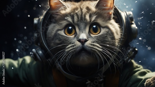 A cat wearing a space helmet is looking at the camera