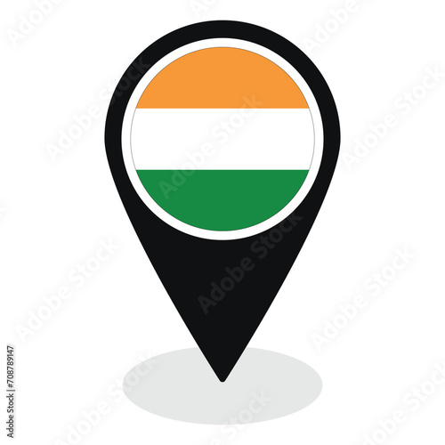 India flag on map pinpoint icon isolated. Flag of India