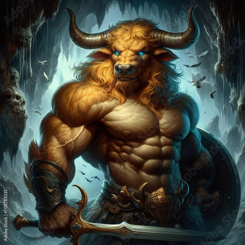 Minotaur (Minos the Bull) is a Cretan monster with the body of a man and the head of a bull, who lived in the Labyrinth and was killed by Theseus. Ancient greek creature, monster.
