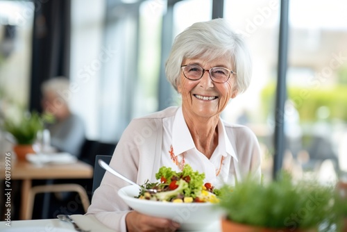 Smiling elderly woman eating a healthy salad