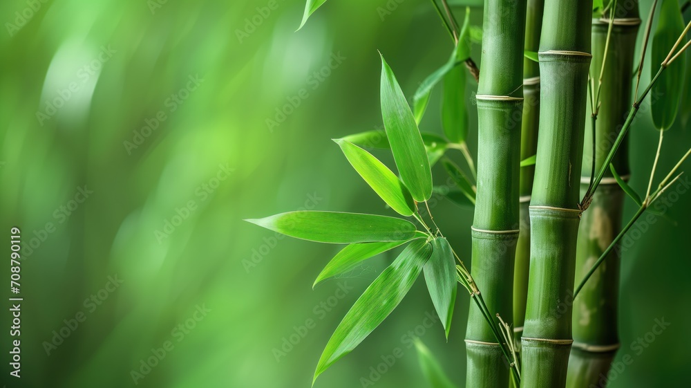 Fototapeta premium Vibrant green bamboo leaves and stalks with a soft-focus background