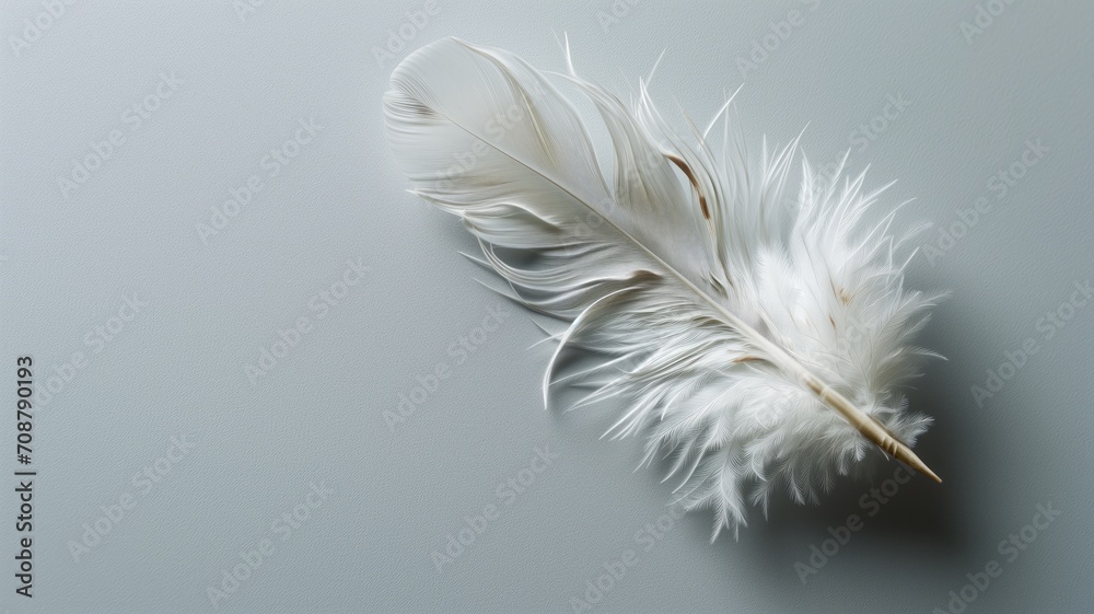 Obraz premium Pristine white feather on a smooth grey background