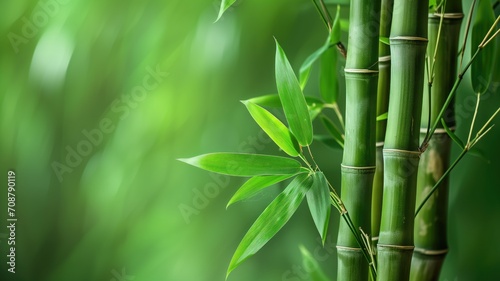 Vibrant green bamboo leaves and stalks with a soft-focus background