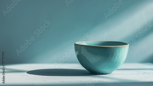 Turquoise ceramic bowl on a blue shadowed surface