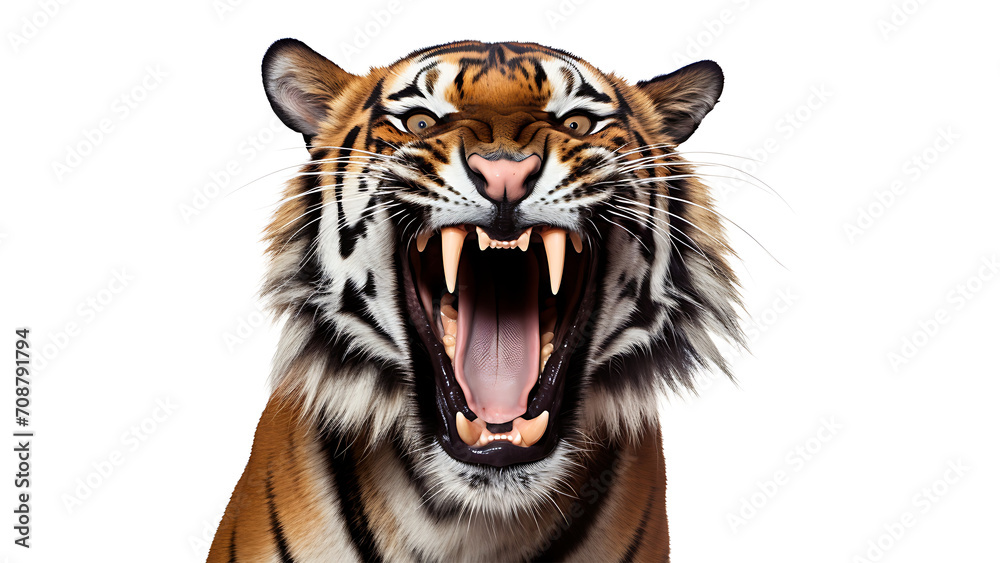Tiger roaring isolated on white background with clipping path and alpha channel