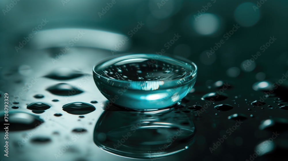 Contact lens on a wet surface with blue lighting - obrazy, fototapety, plakaty 