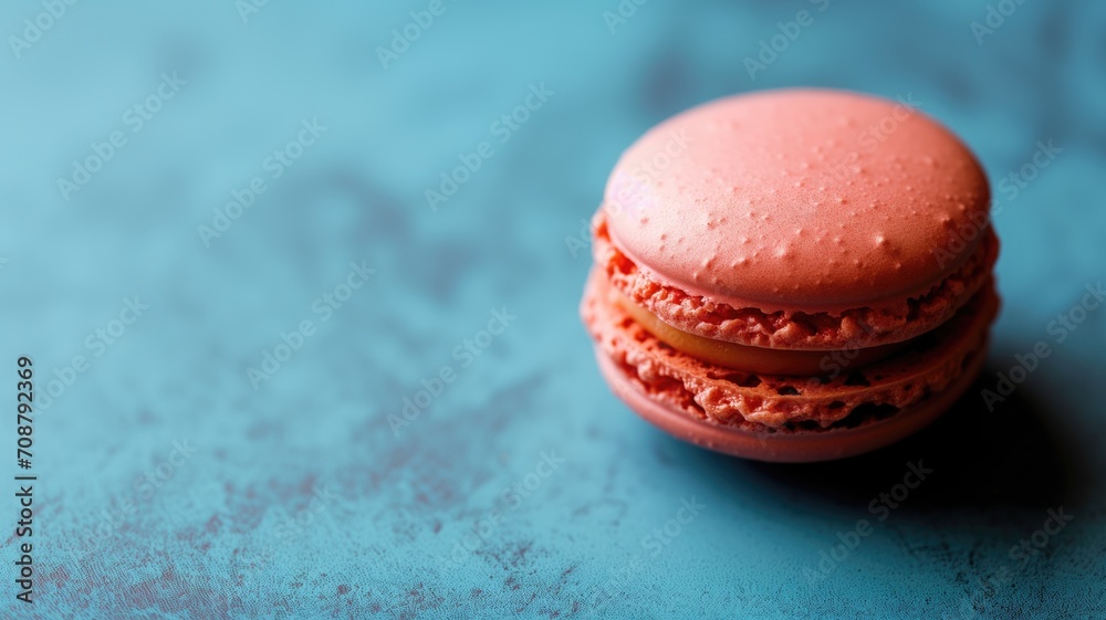 Pink macaron with creamy center on a textured blue surface Pink macaron with creamy center on a textured blue surface