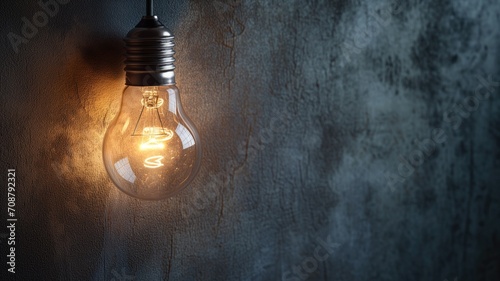 Illuminated light bulb hanging against a textured wall