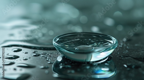 Contact lens with water drops on a reflective surface