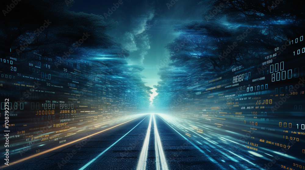 modern data road, light speed travel, rays of light, fast travel of data, high tech