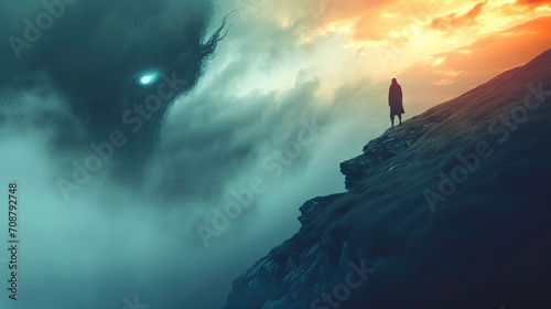 A person watching the storm from the edge of a cliff