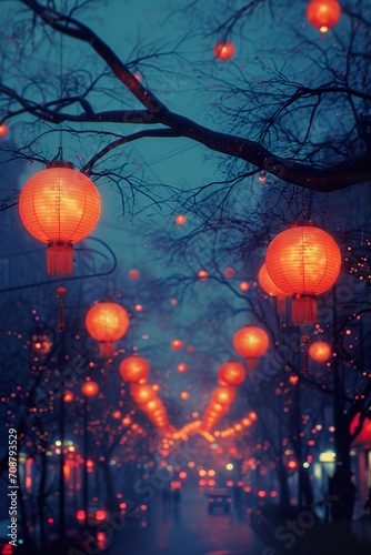 lanterns hanging on a tree, in the style of dark turquoise and light red, Chinese New Year festivities, photorealistic urban scenes, creative commons attribution, light orange, and dark bronze