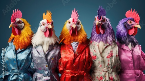 Colorful Chickens Group Standing Together © RajaSheheryar