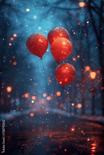 balloons hanging on a tree, in the style of dark turquoise and light red, Chinese New Year festivities, photorealistic urban scenes, creative commons attribution, light orange, and dark bronze