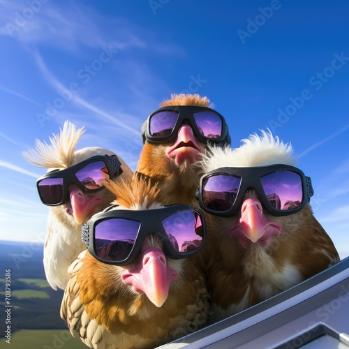 Group of Birds Wearing Sunglasses on a Roof