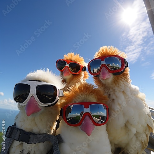 Sunglass-Wearing Chickens Standing Together