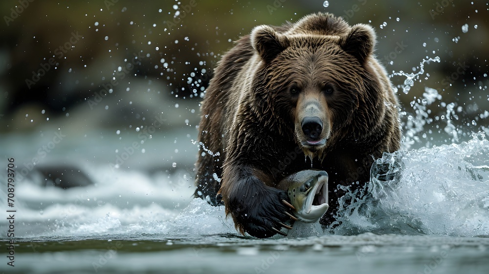 River's Catch: Low-Angle Shot of Bear Snatching Salmon in Wild Waters