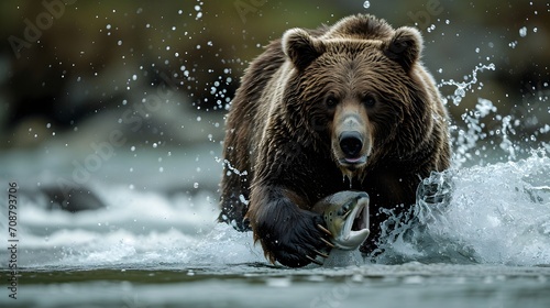 River's Catch: Low-Angle Shot of Bear Snatching Salmon in Wild Waters © Armen Y