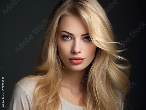 Stunning blonde woman with blue eyes and flowing hair