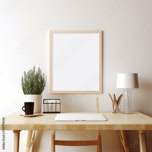 Desk With Lamp, Plant, and Picture Frame © RajaSheheryar