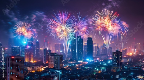 Skyline Spectacle: Fireworks Illuminating the City with Vibrant Light Trails