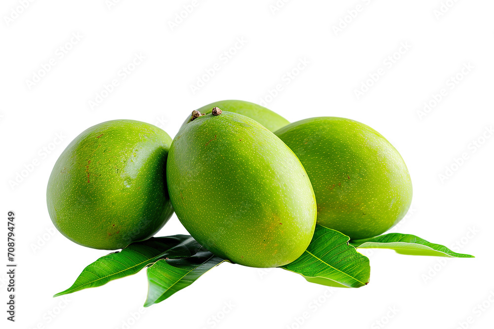 Obraz premium fresh green mangoes with leaves isolated on a white background PNG