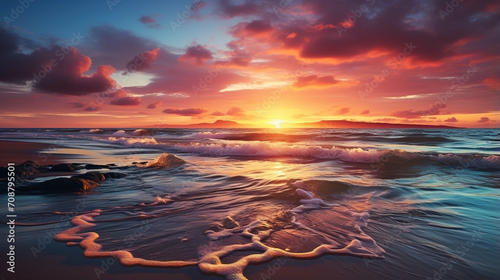 colorful sunset over beach with large waves